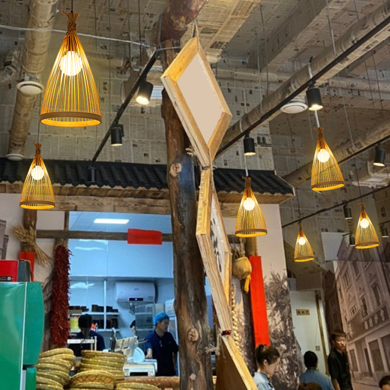 Minimalist Conical Bamboo Pendant Ceiling Light With Cage Design For Restaurants