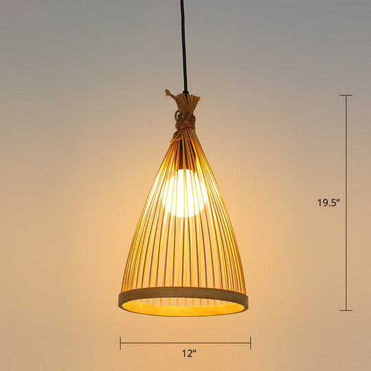 Minimalist Conical Bamboo Pendant Ceiling Light With Cage Design For Restaurants