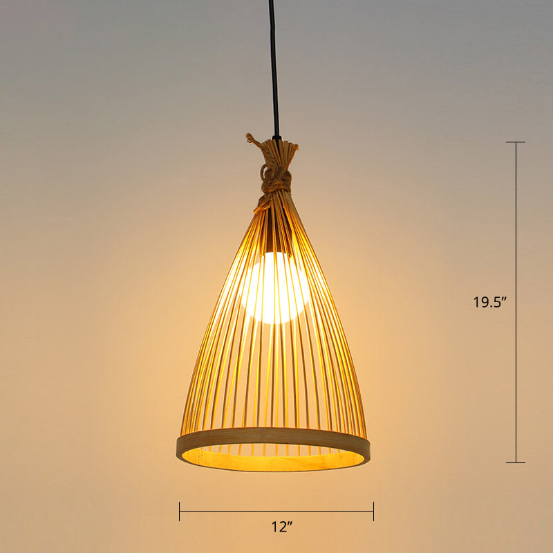 Minimalist Conical Bamboo Pendant Ceiling Light With Cage Design For Restaurants Wood / 12