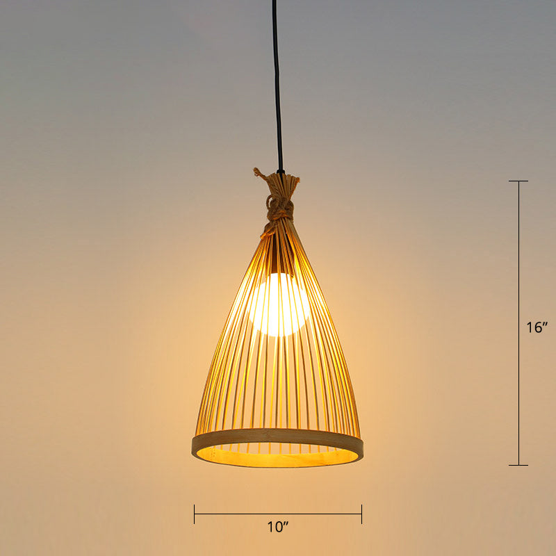 Minimalist Conical Bamboo Pendant Ceiling Light With Cage Design For Restaurants