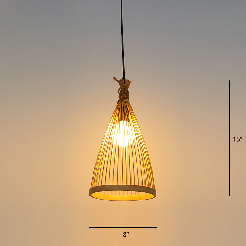 Minimalist Conical Bamboo Pendant Ceiling Light With Cage Design For Restaurants