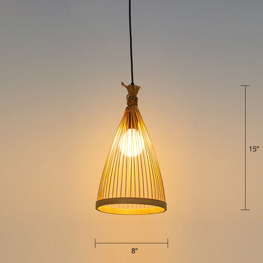 Minimalist Conical Bamboo Pendant Ceiling Light With Cage Design For Restaurants