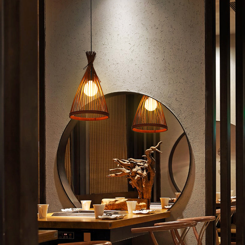 Minimalist Conical Bamboo Pendant Ceiling Light With Cage Design For Restaurants