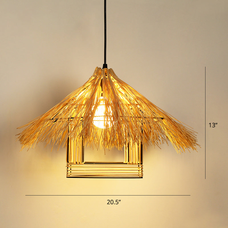 House-Shaped Bamboo Pendant Lamp - Asian Restaurant Hanging Light Fixture Beige