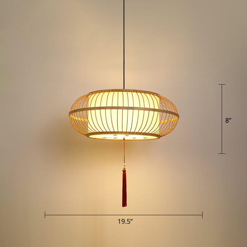 Asian Bamboo Drum Pendant Ceiling Lamp: Beige 1-Light Suspension Light With Tassel Knot