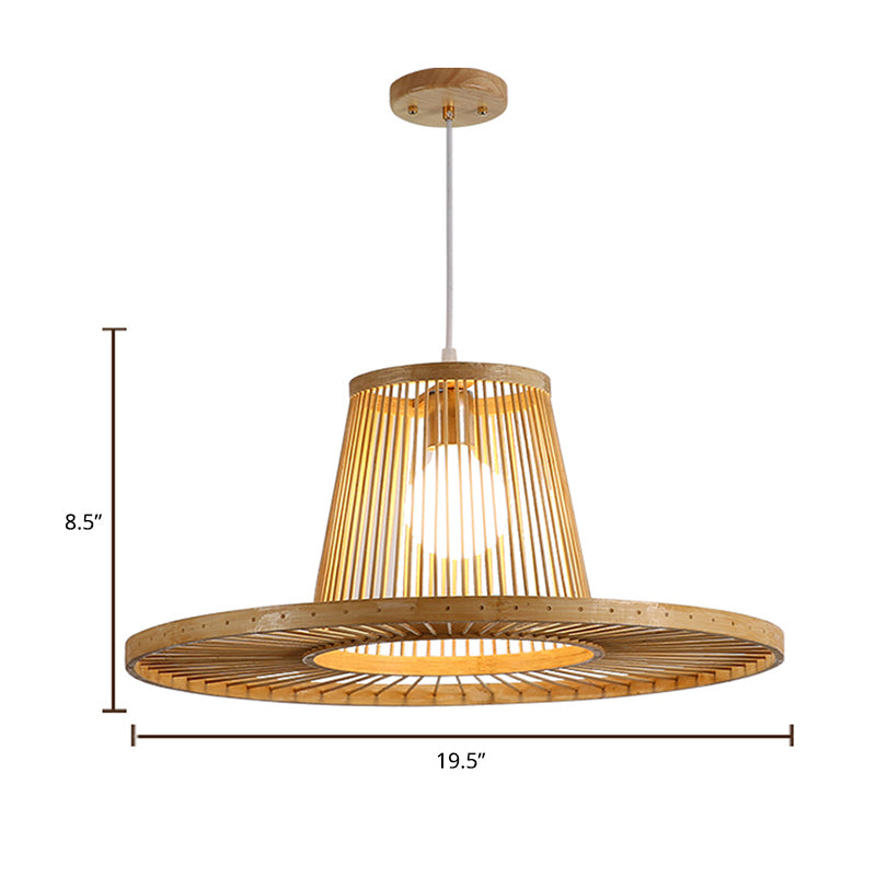 Modern Bamboo Hat Pendant Light - Beige Dining Room Pendulum 1 Head