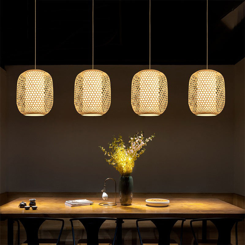 Bamboo Hanging Lantern For Restaurants - Asian Style Oval Design 1-Bulb Beige Ceiling Suspension