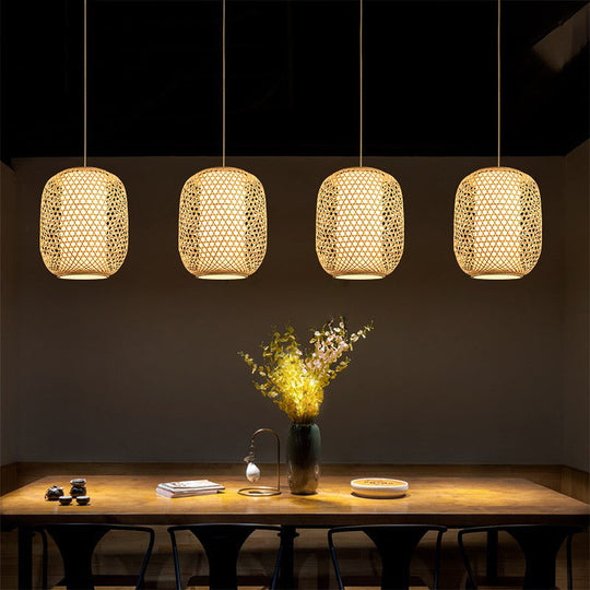 Bamboo Hanging Lantern For Restaurants - Asian Style Oval Design 1-Bulb Beige Ceiling Suspension