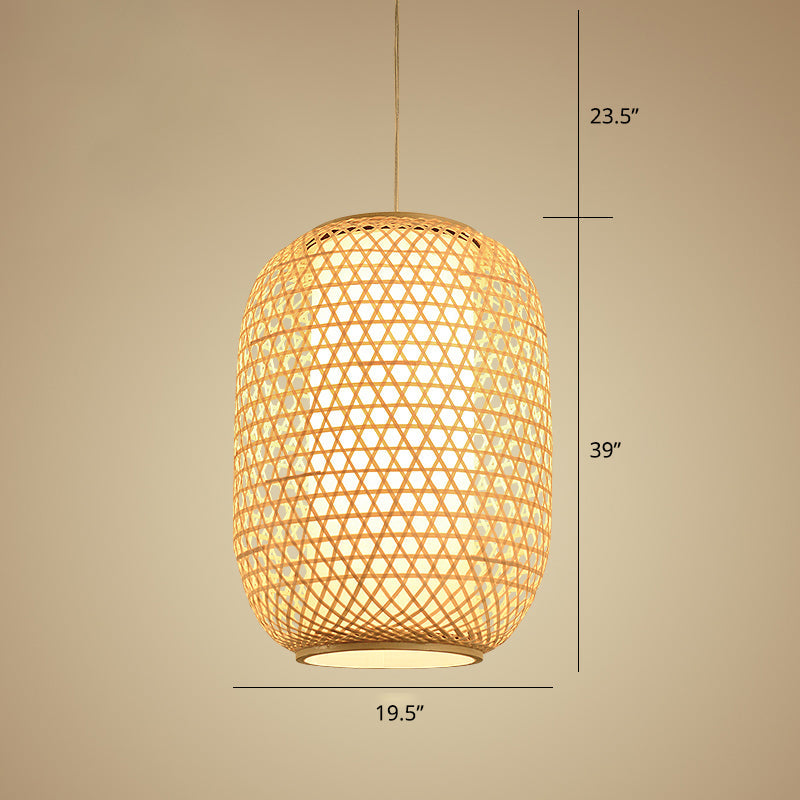 Bamboo Hanging Lantern For Restaurants - Asian Style Oval Design 1-Bulb Beige Ceiling Suspension