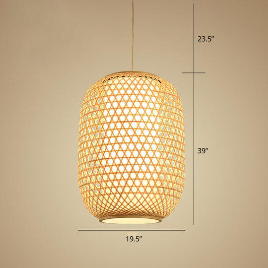 Bamboo Hanging Lantern For Restaurants - Asian Style Oval Design 1-Bulb Beige Ceiling Suspension