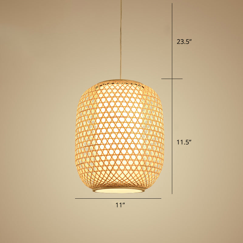 Bamboo Hanging Lantern For Restaurants - Asian Style Oval Design 1-Bulb Beige Ceiling Suspension