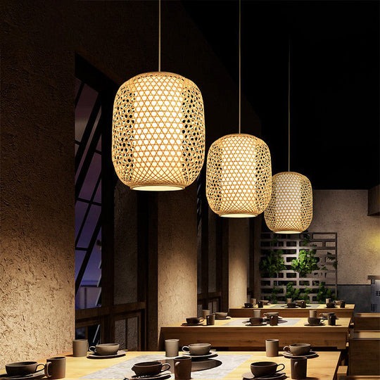 Bamboo Hanging Lantern For Restaurants - Asian Style Oval Design 1-Bulb Beige Ceiling Suspension