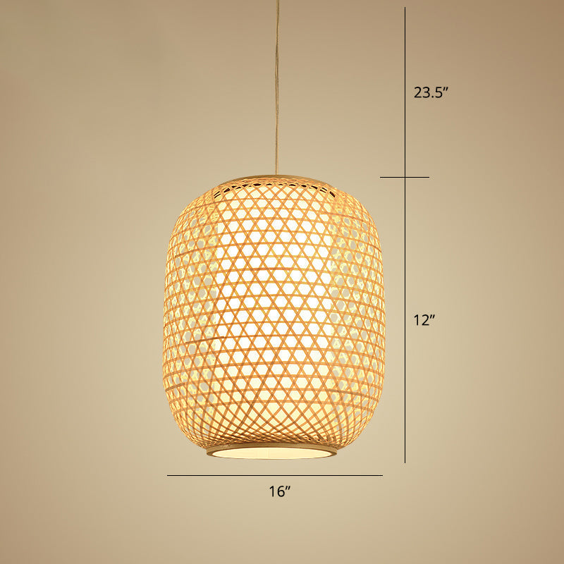 Bamboo Hanging Lantern For Restaurants - Asian Style Oval Design 1-Bulb Beige Ceiling Suspension