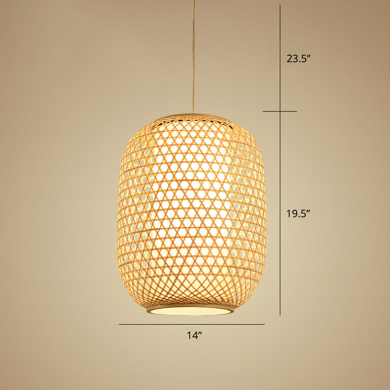 Bamboo Hanging Lantern For Restaurants - Asian Style Oval Design 1-Bulb Beige Ceiling Suspension