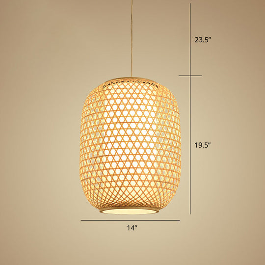 Bamboo Hanging Lantern For Restaurants - Asian Style Oval Design 1-Bulb Beige Ceiling Suspension