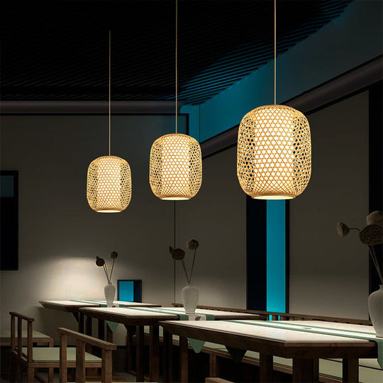 Bamboo Hanging Lantern For Restaurants - Asian Style Oval Design 1-Bulb Beige Ceiling Suspension