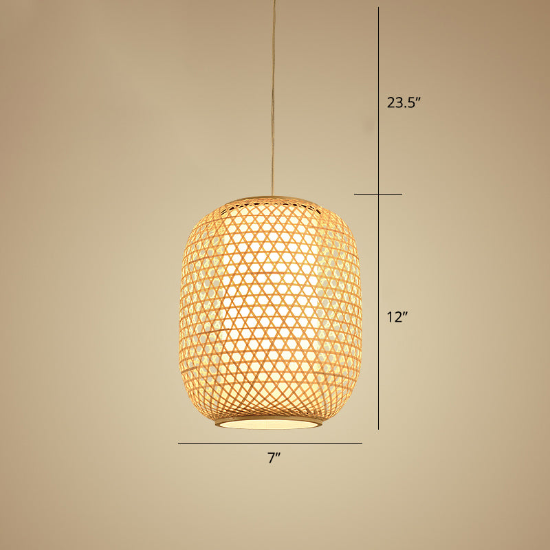 Bamboo Hanging Lantern For Restaurants - Asian Style Oval Design 1-Bulb Beige Ceiling Suspension