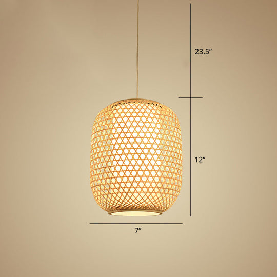 Bamboo Hanging Lantern For Restaurants - Asian Style Oval Design 1-Bulb Beige Ceiling Suspension