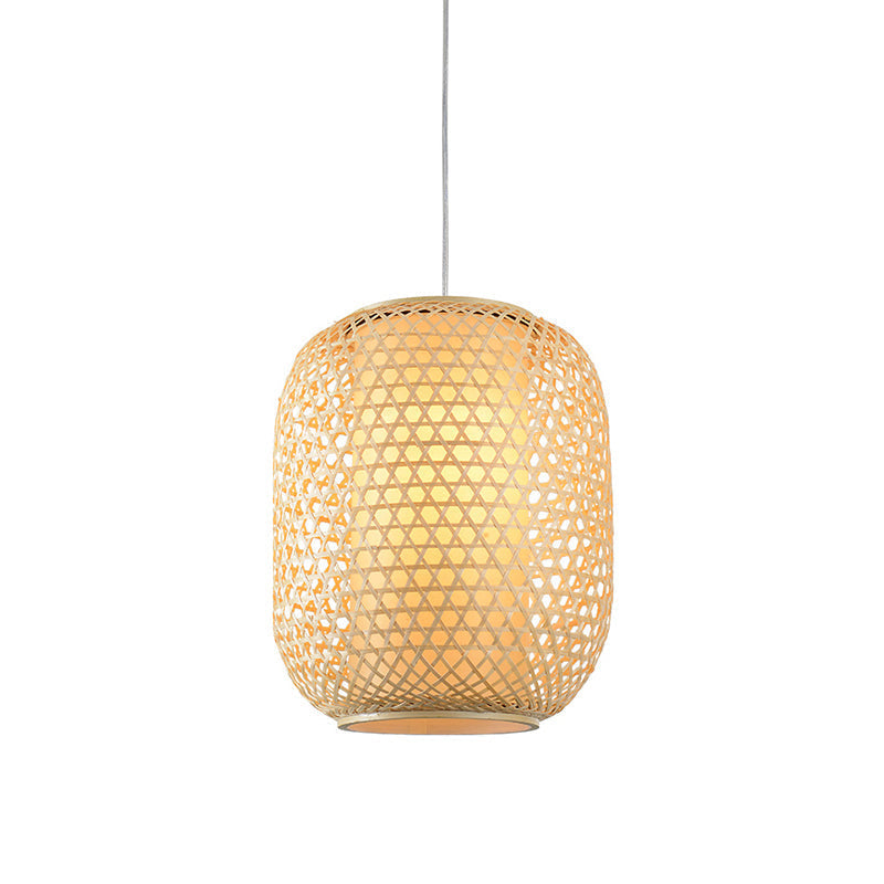 Bamboo Hanging Lantern For Restaurants - Asian Style Oval Design 1-Bulb Beige Ceiling Suspension