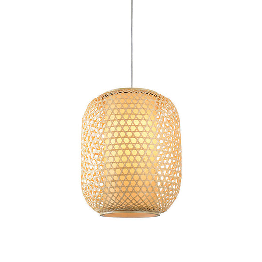 Bamboo Hanging Lantern For Restaurants - Asian Style Oval Design 1-Bulb Beige Ceiling Suspension