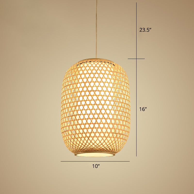 Bamboo Hanging Lantern For Restaurants - Asian Style Oval Design 1-Bulb Beige Ceiling Suspension