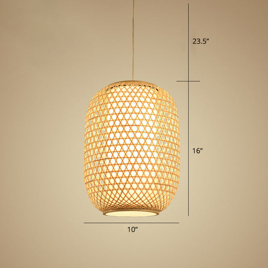 Bamboo Hanging Lantern For Restaurants - Asian Style Oval Design 1-Bulb Beige Ceiling Suspension