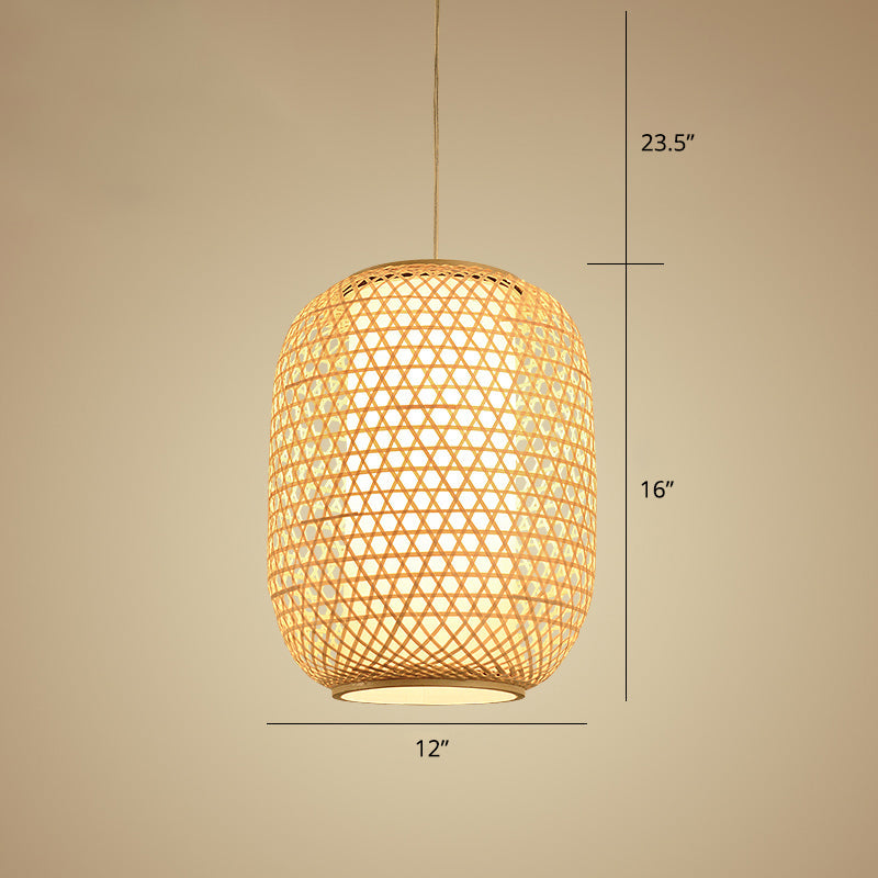 Bamboo Hanging Lantern For Restaurants - Asian Style Oval Design 1-Bulb Beige Ceiling Suspension