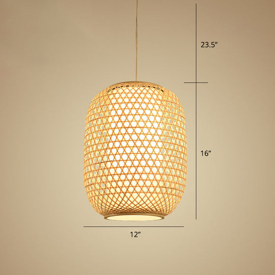 Bamboo Hanging Lantern For Restaurants - Asian Style Oval Design 1-Bulb Beige Ceiling Suspension