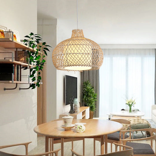 Bamboo Single Asian Style Pendant Lamp - Cage Shade Ideal For Dining Room Pendulum Light Ceiling