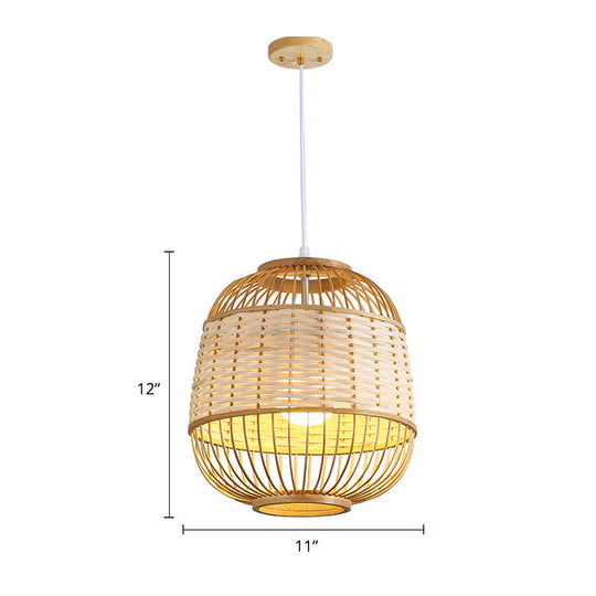 Bamboo Single Asian Style Pendant Lamp - Cage Shade Ideal For Dining Room Pendulum Light Ceiling