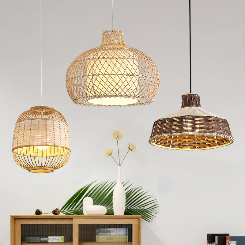 Bamboo Single Asian Style Pendant Lamp - Cage Shade Ideal For Dining Room Pendulum Light Ceiling