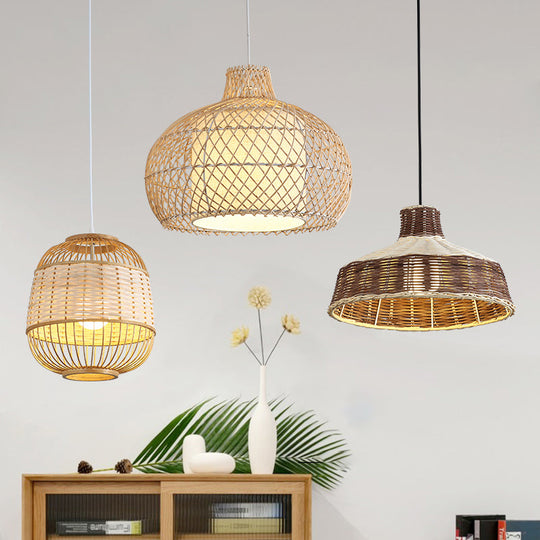 Bamboo Single Asian Style Pendant Lamp - Cage Shade Ideal For Dining Room Pendulum Light Ceiling