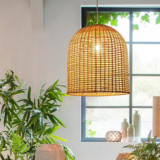 Asia Pendant Lamp: Beige Cloche Shaped Light With Bamboo Shade