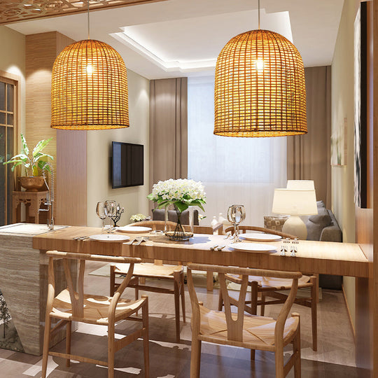 Asia Pendant Lamp: Beige Cloche Shaped Light With Bamboo Shade