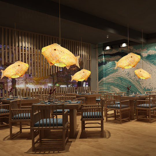 Bamboo Fish Pendant Light: Southeast Asian Beige Ceiling Light For Restaurants