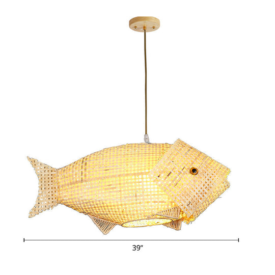 Bamboo Fish Pendant Light: Southeast Asian Beige Ceiling Light For Restaurants / 39.5