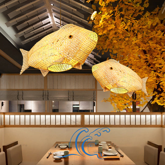 Bamboo Fish Pendant Light: Southeast Asian Beige Ceiling Light For Restaurants