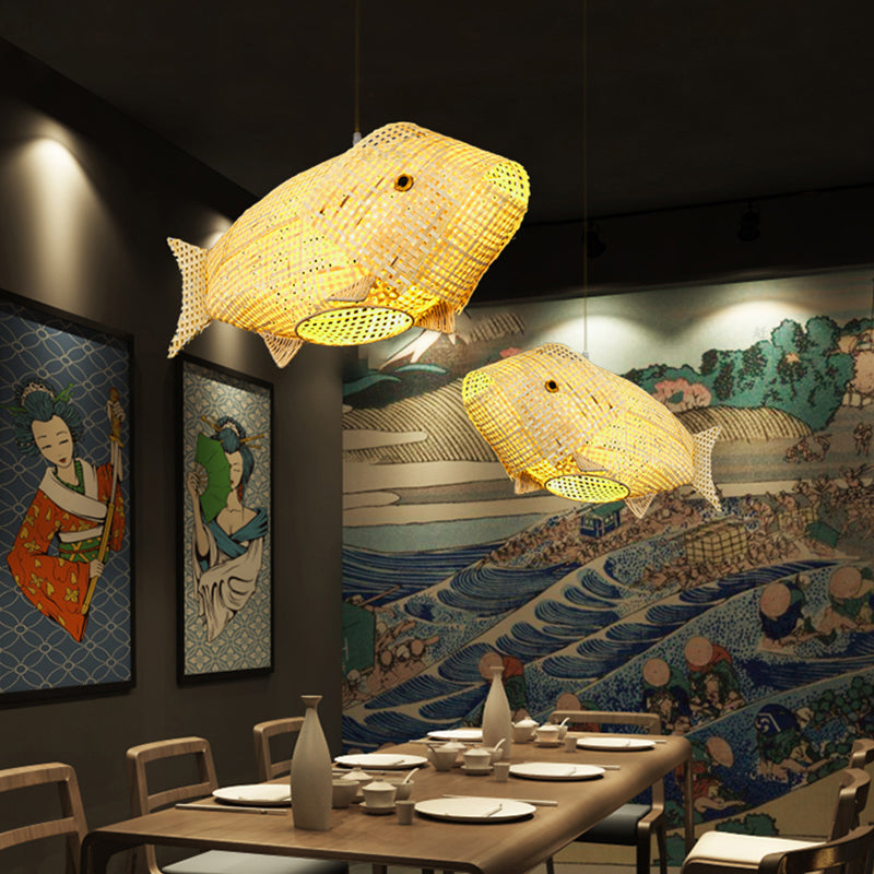 Bamboo Fish Pendant Light: Southeast Asian Beige Ceiling Light For Restaurants