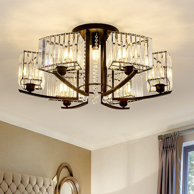 Modern Black Crystal Bedroom Ceiling Light - Rectangle Semi Flush Mount Lamp