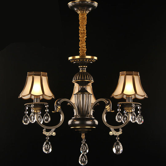 Scalloped Black and Brass Pendant Light with Crystal Deco - Traditional Dining Room Chandelier