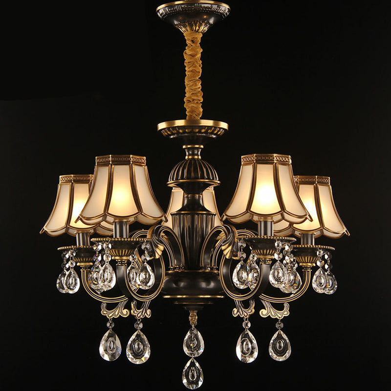 Scalloped Black and Brass Pendant Light with Crystal Deco - Traditional Dining Room Chandelier