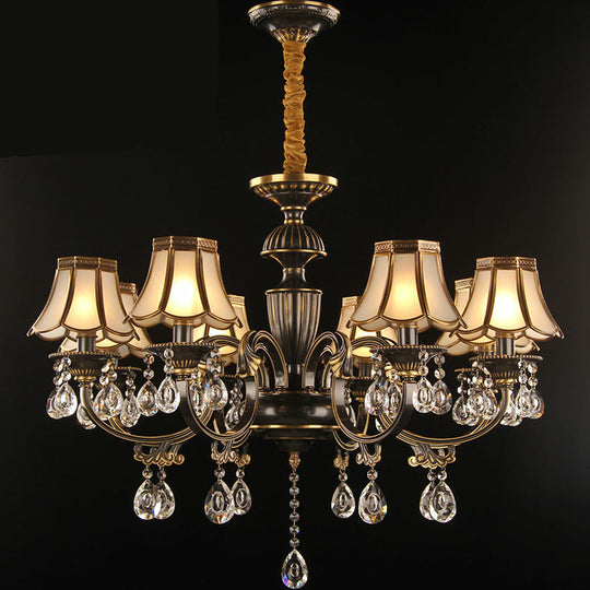 Scalloped Black and Brass Pendant Light with Crystal Deco - Traditional Dining Room Chandelier