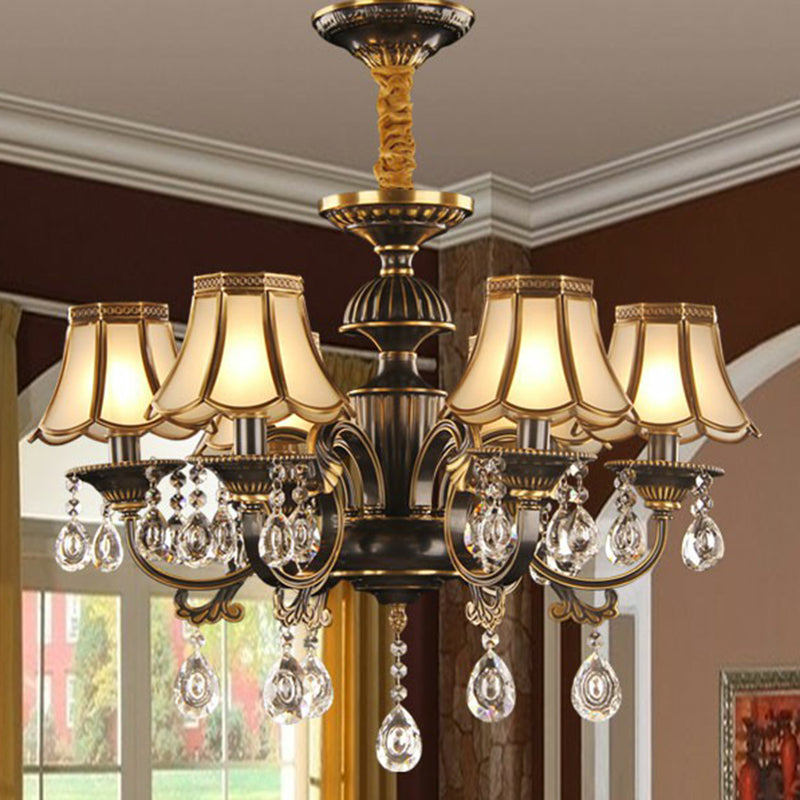 Scalloped Black and Brass Pendant Light with Crystal Deco - Traditional Dining Room Chandelier