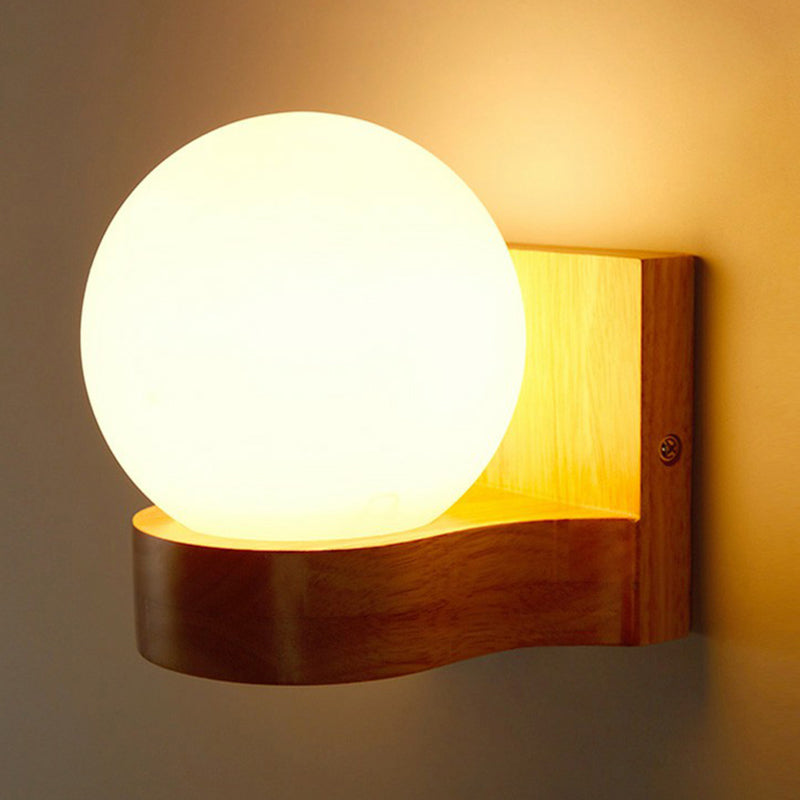 Opal Glass 1-Light Nordic Wall Sconce - Ball Shape Wood Fixture