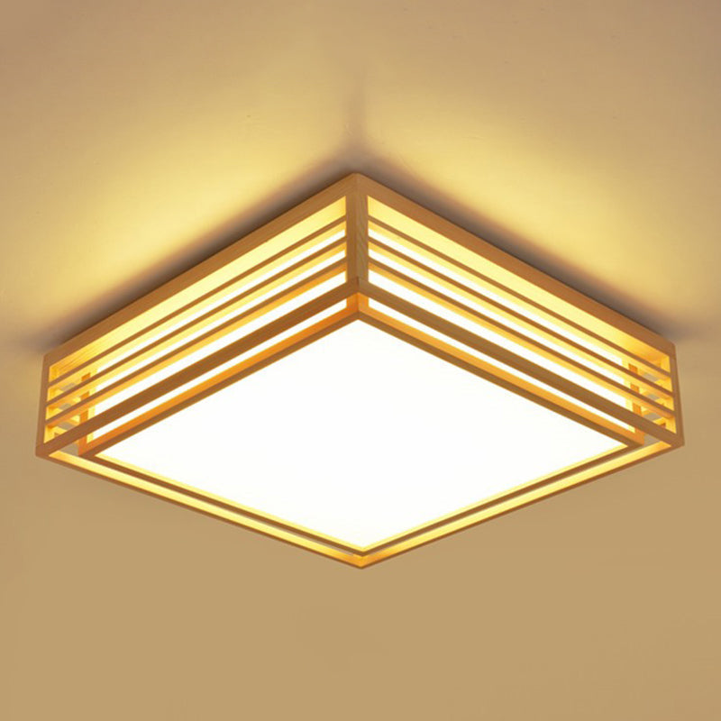 Sleek Beige Led Flush-Mount Wood Square Ceiling Light