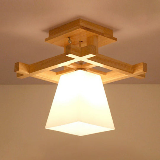 Nordic Wood Trapezoidal Ceiling Light: Single-Bulb Semi Flush Mount With White Glass - Perfect For