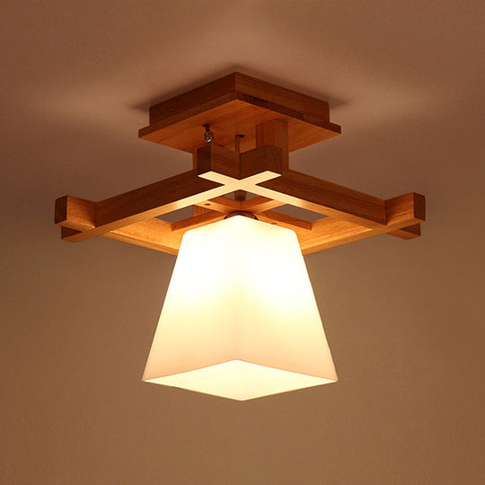 Nordic Wood Trapezoidal Ceiling Light: Single-Bulb Semi Flush Mount With White Glass - Perfect For