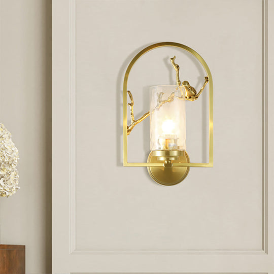 Traditional Gold Wall Sconce With Bird Deco - Cylindrical Metal Fixture