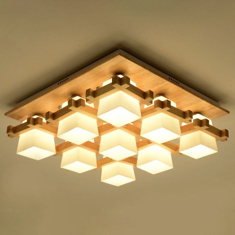 Nordic Milk Glass Wood Semi Flush Mount Ceiling Light For Dining Room