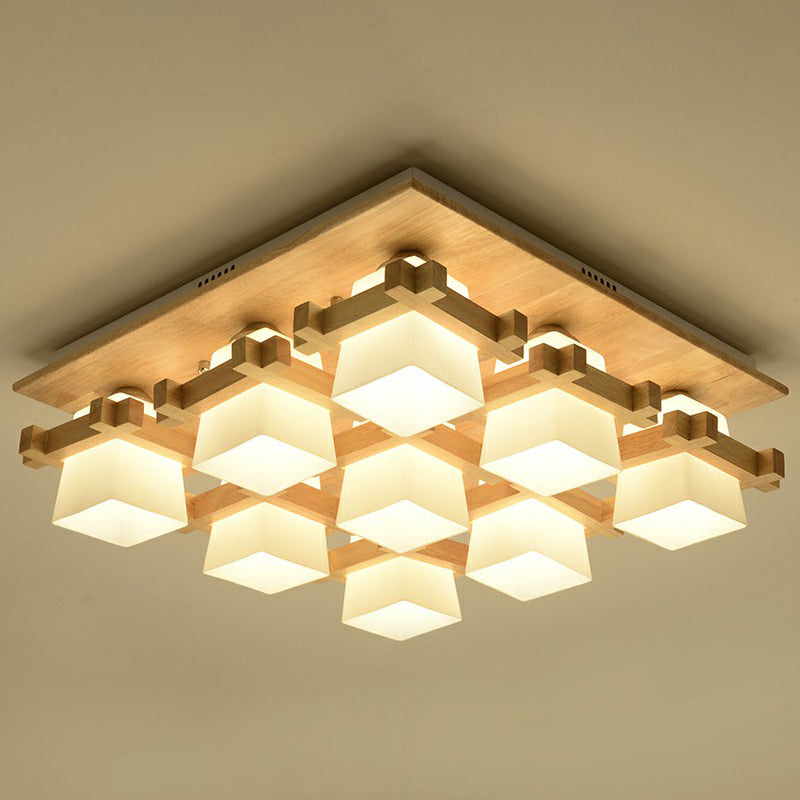 Nordic Milk Glass Wood Semi Flush Mount Ceiling Light For Dining Room